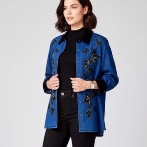 Vintage Victor Costa Shirt Skacket Women Small Blue Black Denim Velvet Beaded 90